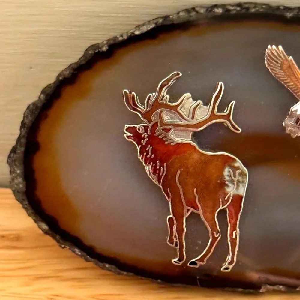 Handmade Agate Banded Slab Belt Buckle with an Elk, Eagle & Deer